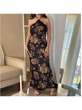 Bobbles & Lace Jeanne Floral Lace Trim Halter Maxi Dress Black Brown Tan Size L